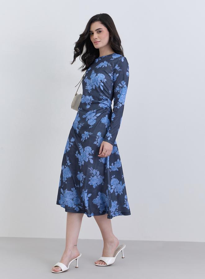 Styli Navy Blue Floral Print A-Line Midi Dress - Image 2
